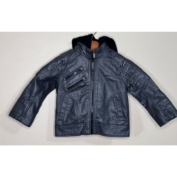Urban Republic Toddler Bomber Jacket 24 Months Dark Grey Hooded Faux Leather - Picture 1 of 9
